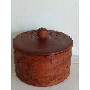 Vintage Wooden Tobacco Box with Lid Handmade Floral Carved Folk Art 3"X5"